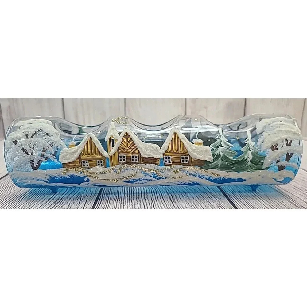 Handpainted Glass Winter Tealight Candle Holder Blue White Unbranded 9.5"